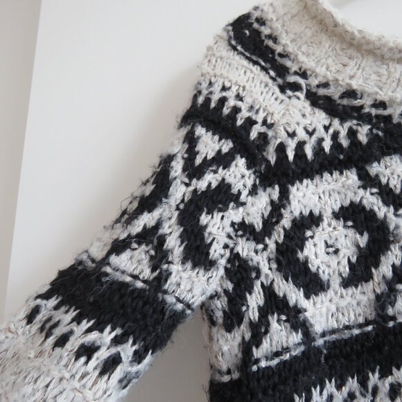 FREE PEOPLE Silver Reed Fair Isle Black White Crochet Wool Boho Sweater Sz XS - Picture 8 of 15